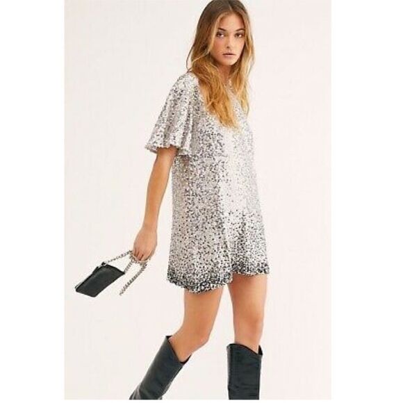 Free People Dresses & Skirts - Free People BLACK WATER MINI DRESS IN SILVER